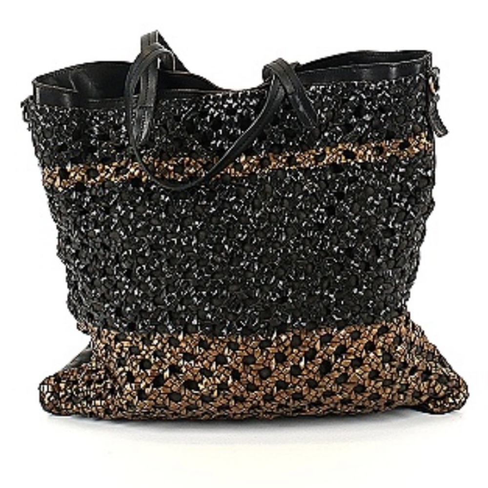 ๐๐RITA MERLINI WOVEN BAG BLACK GOLD LARGE HANDBAG MADE IN ITALY BASKET WEAVE - Picture 3 of 17